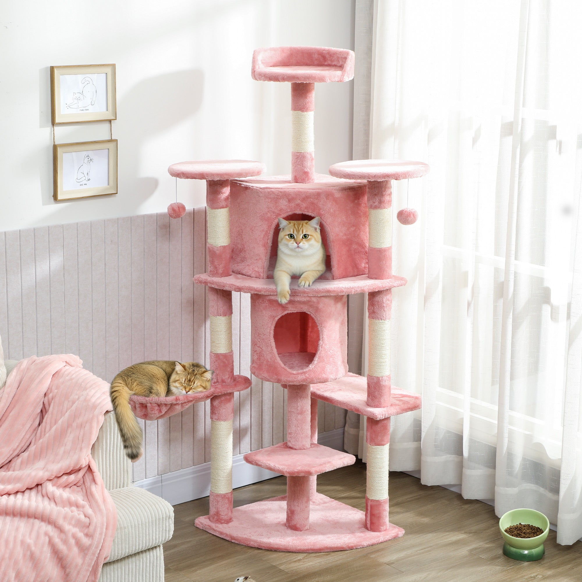 Cat Tree, 62" Multi-Level Cat Tower with Scratching Posts, 2 Condos, Hammock, Perches, Plush, Pompoms, for Indoor Kittens Playing, Resting, Sleeping, Pink