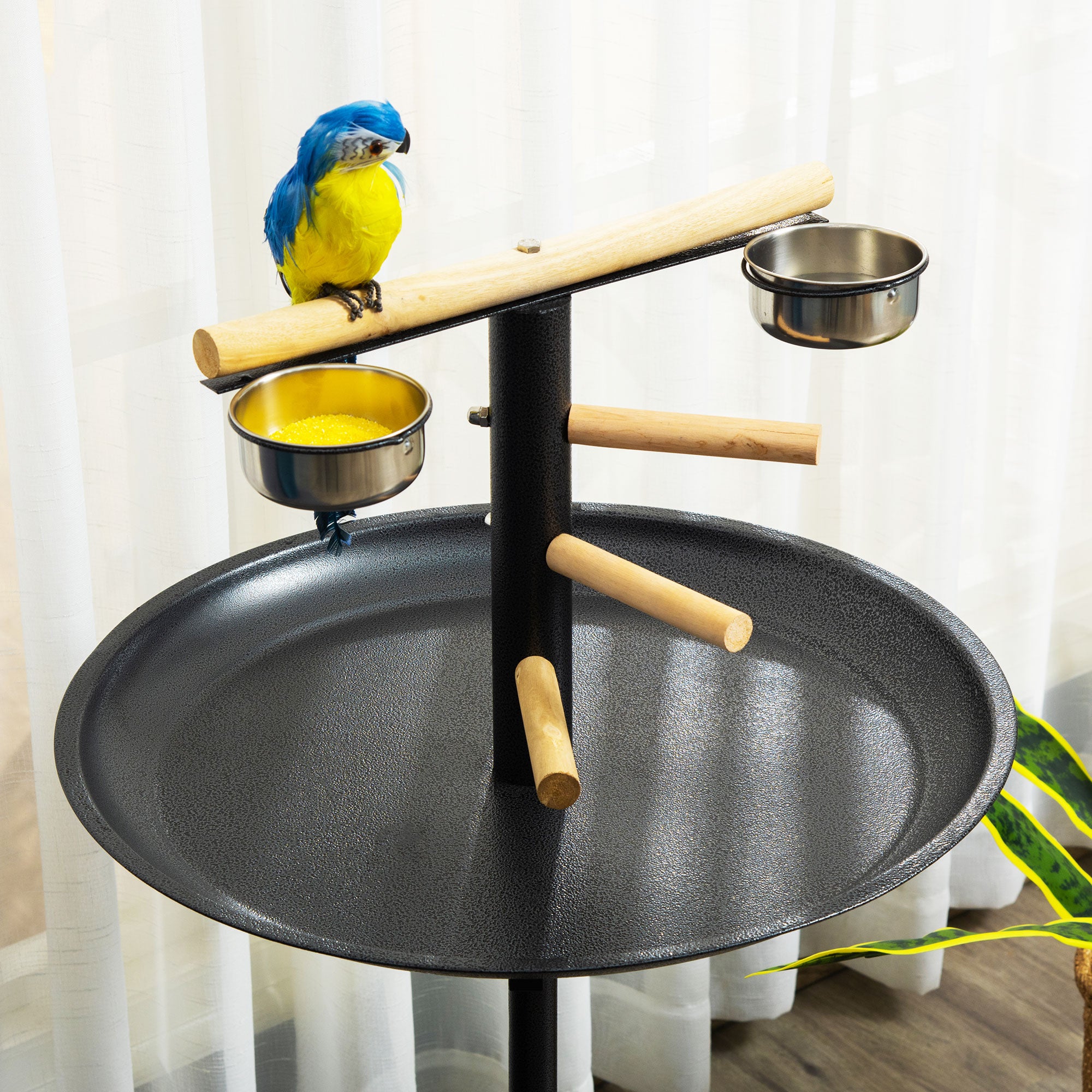 Bird Play Stand, Portable Parrot Perch, Bird Feeder Station, with Four Wheels, Stainless Steel Feeding Bowls, Round Tray, Grey
