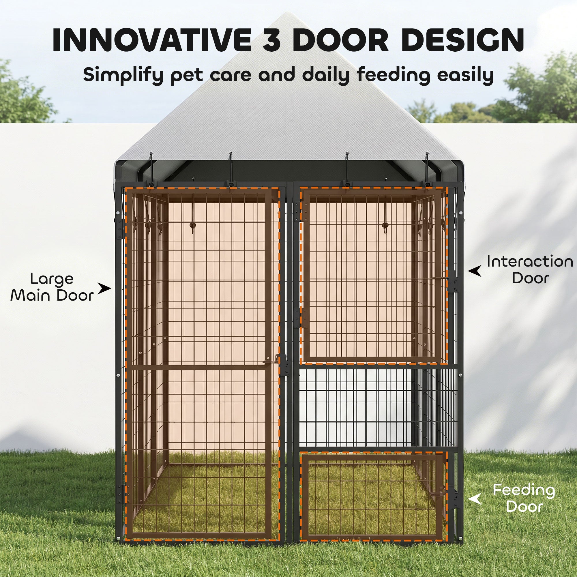 Large Dog Kennel Outdoor with Roof, 3 Doors, Expandable Heavy Duty Dog Kennel Outside Run Enclosure with Secure Lock, Removable Door, for Small Medium Large Pets, Chickens, Ducks, 8' x 4' x 6'