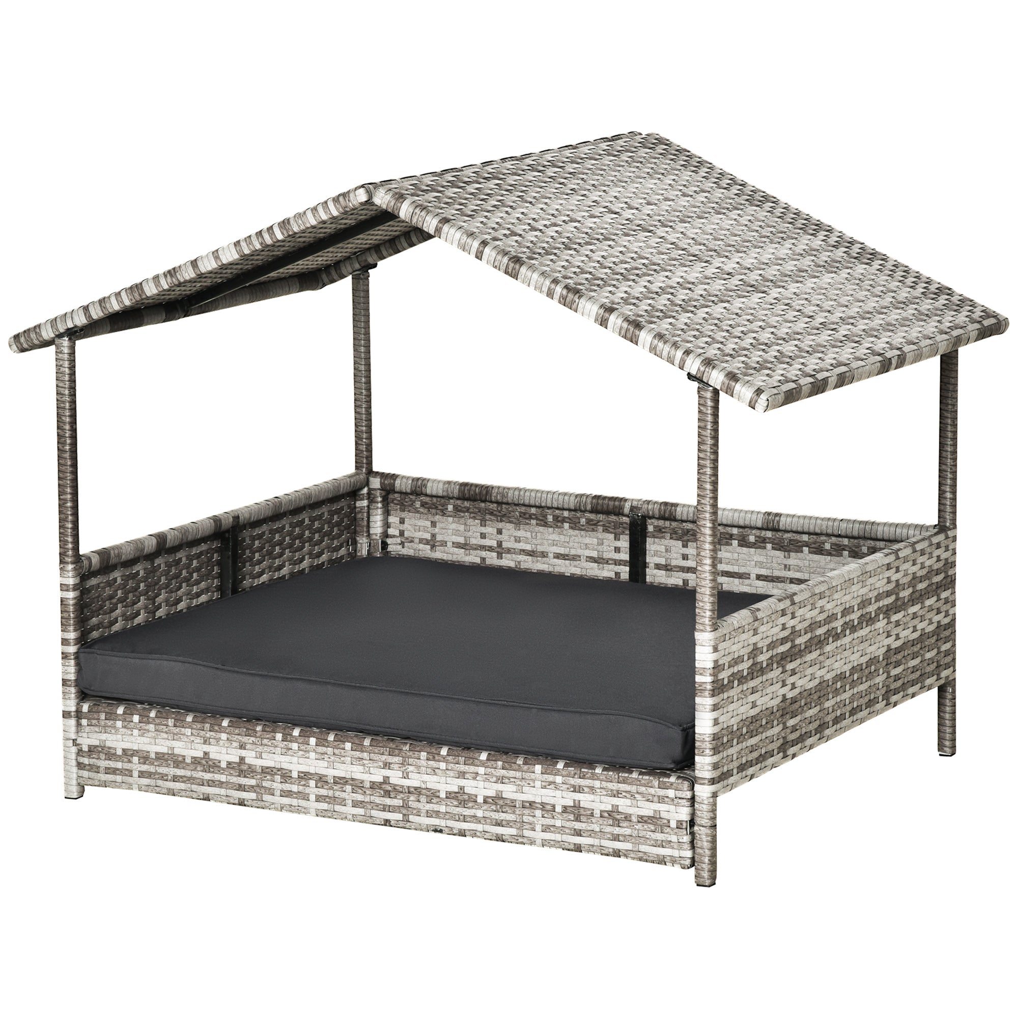 Elevated Rattan Dog House Outdoor with Canopy, Wicker Dog Bed with Water-Resistant Cushion, for Small and Medium Dogs Dark Grey