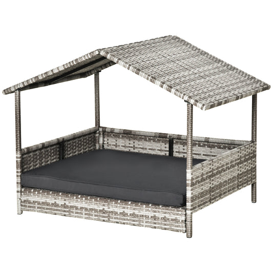 Elevated Rattan Dog House Outdoor with Canopy, Wicker Dog Bed with Water-Resistant Cushion, for Small and Medium Dogs Dark Grey