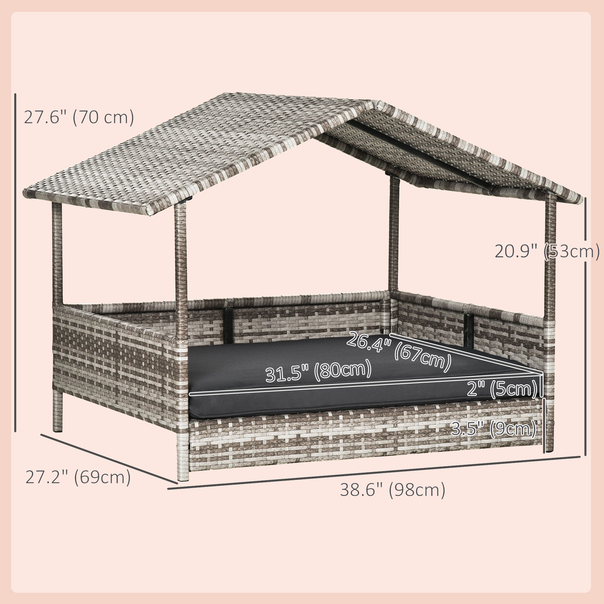 Elevated Rattan Dog House Outdoor with Canopy, Wicker Dog Bed with Water-Resistant Cushion, for Small and Medium Dogs Dark Grey