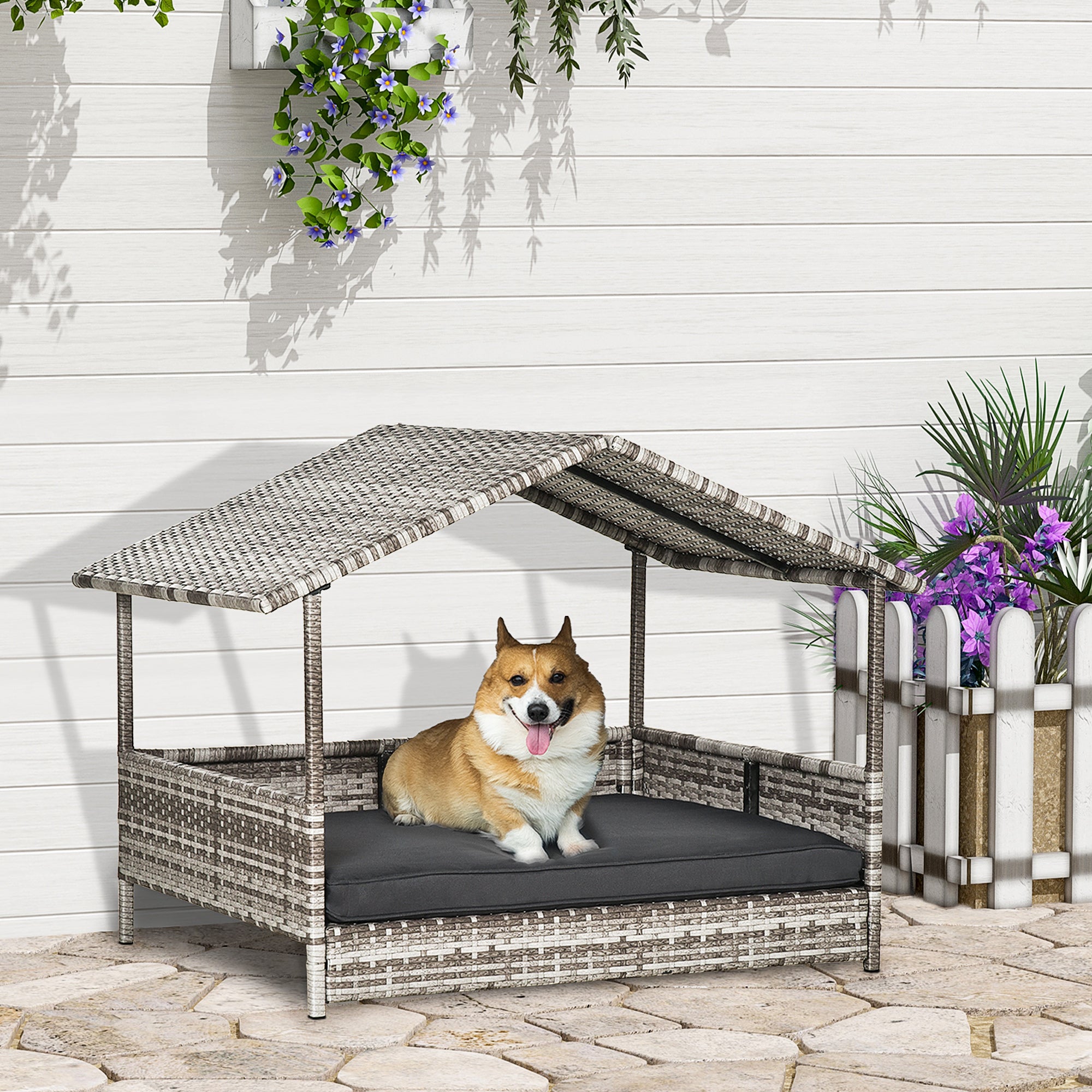 Elevated Rattan Dog House Outdoor with Canopy, Wicker Dog Bed with Water-Resistant Cushion, for Small and Medium Dogs Dark Grey