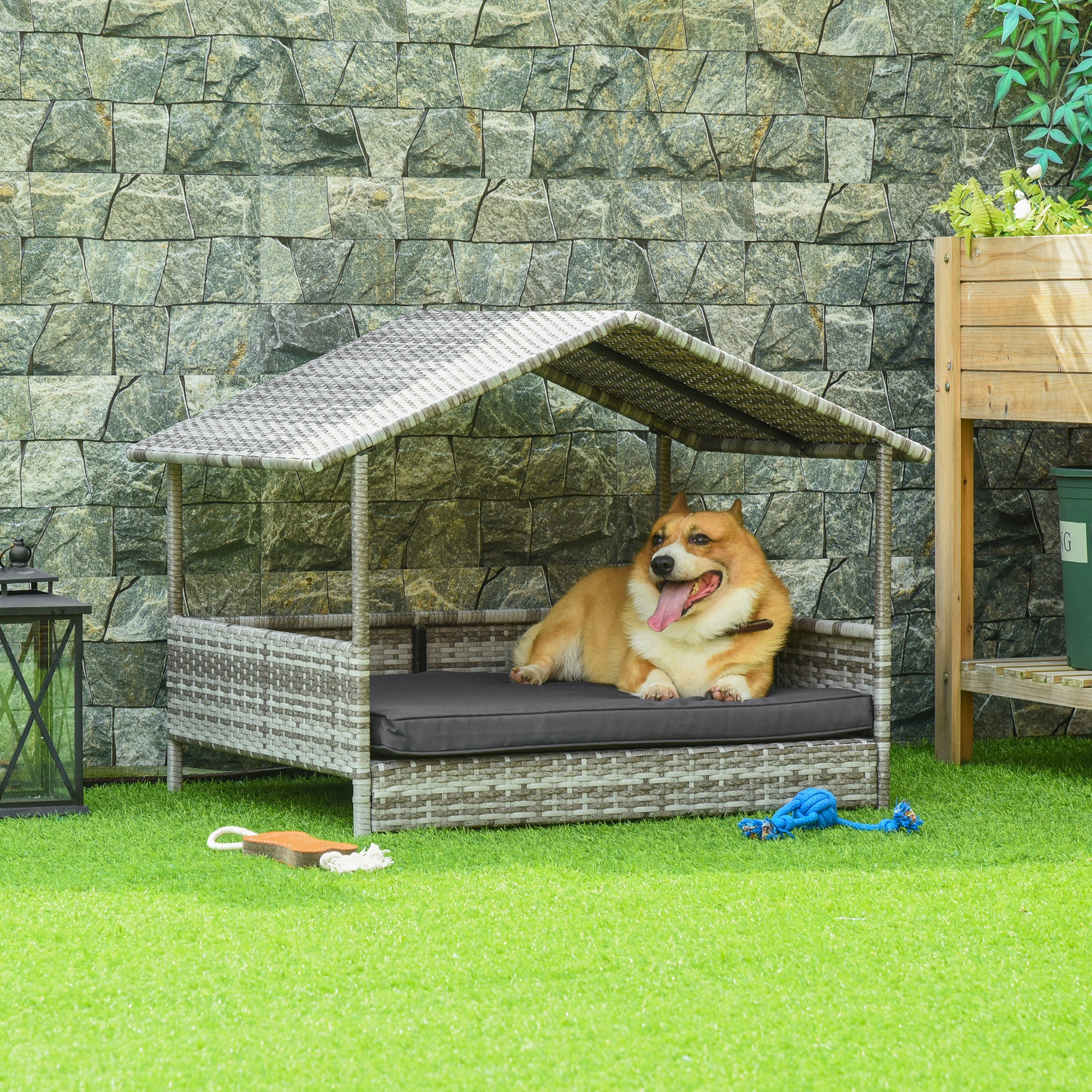 Elevated Rattan Dog House Outdoor with Canopy, Wicker Dog Bed with Water-Resistant Cushion, for Small and Medium Dogs Dark Grey