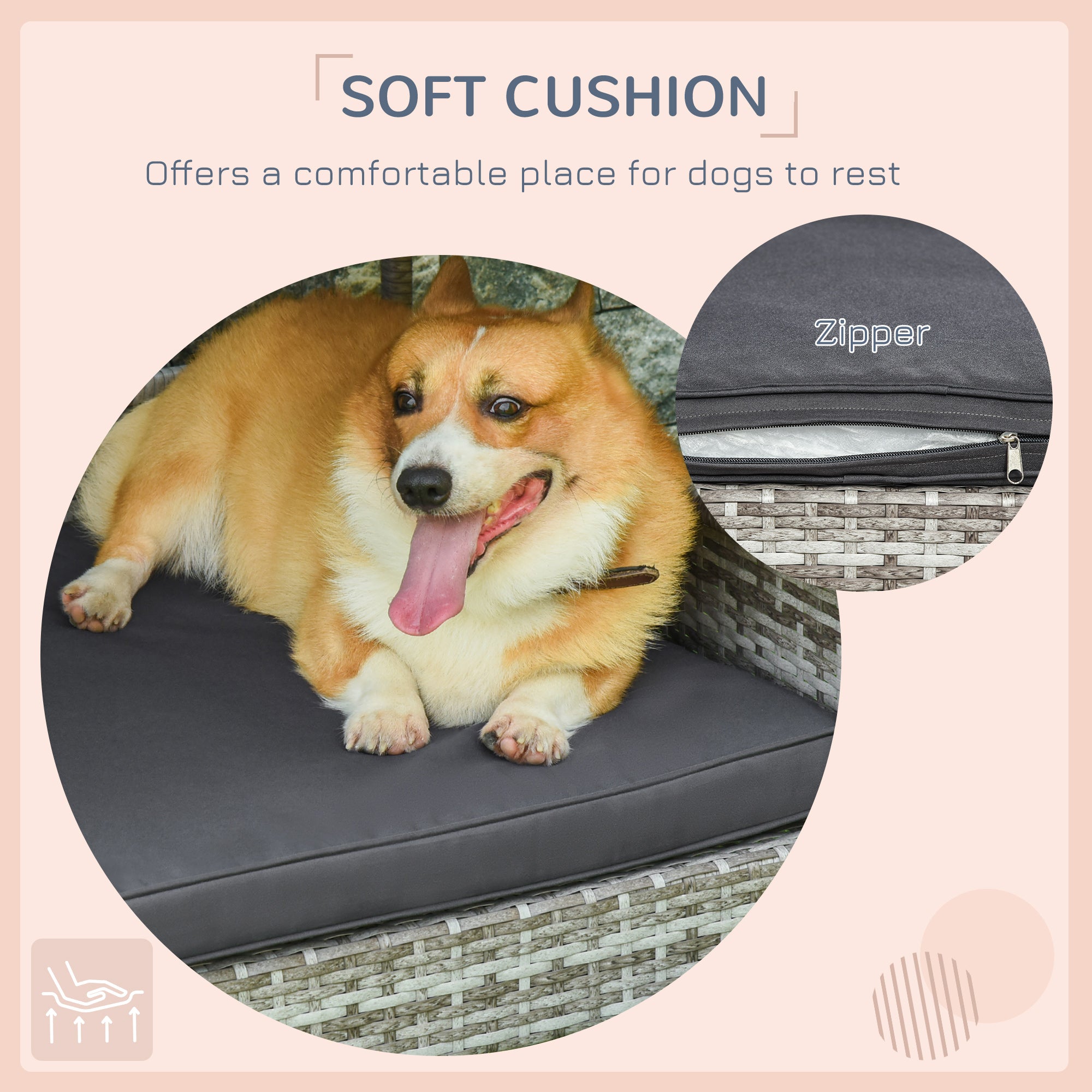 Elevated Rattan Dog House Outdoor with Canopy, Wicker Dog Bed with Water-Resistant Cushion, for Small and Medium Dogs Dark Grey