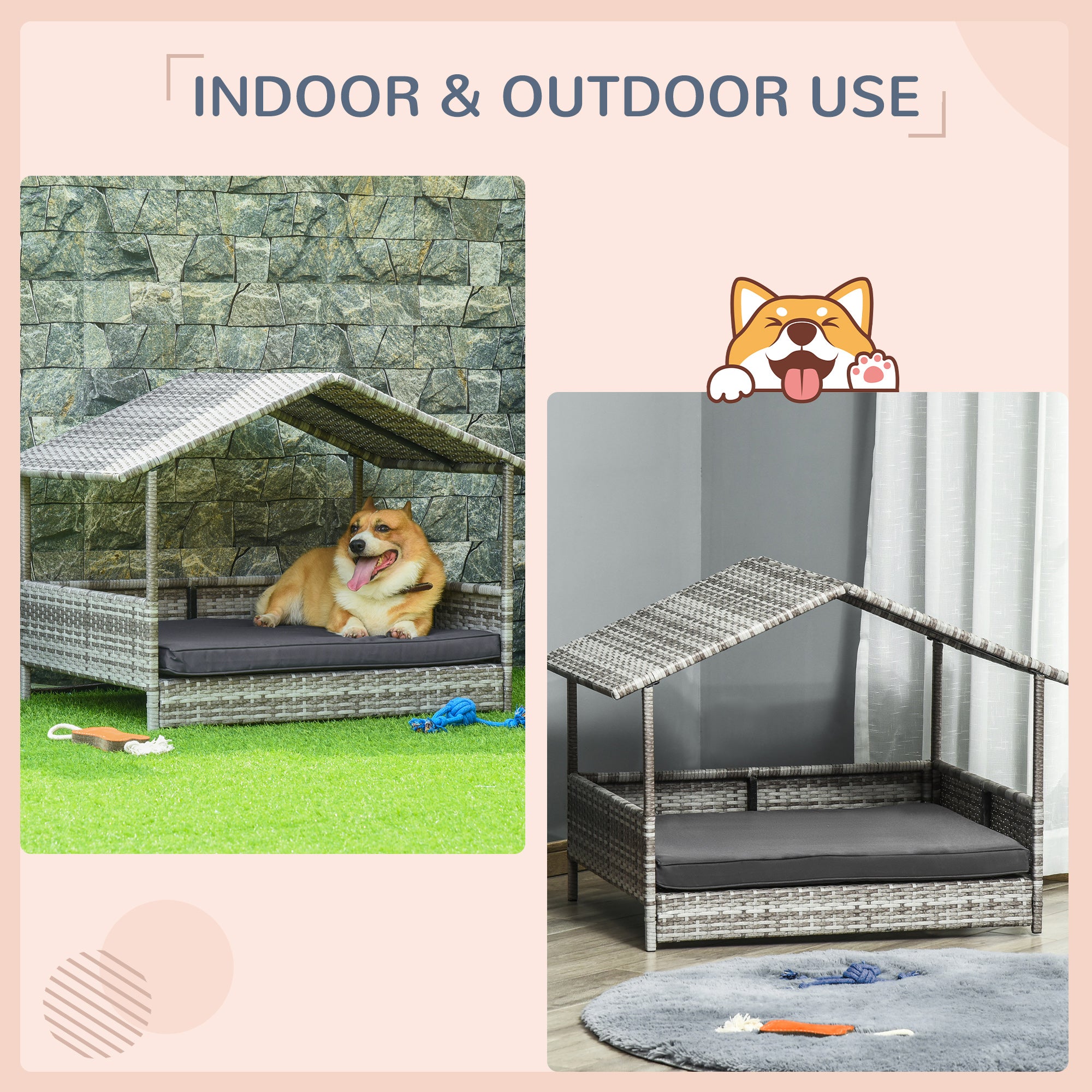 Elevated Rattan Dog House Outdoor with Canopy, Wicker Dog Bed with Water-Resistant Cushion, for Small and Medium Dogs Dark Grey