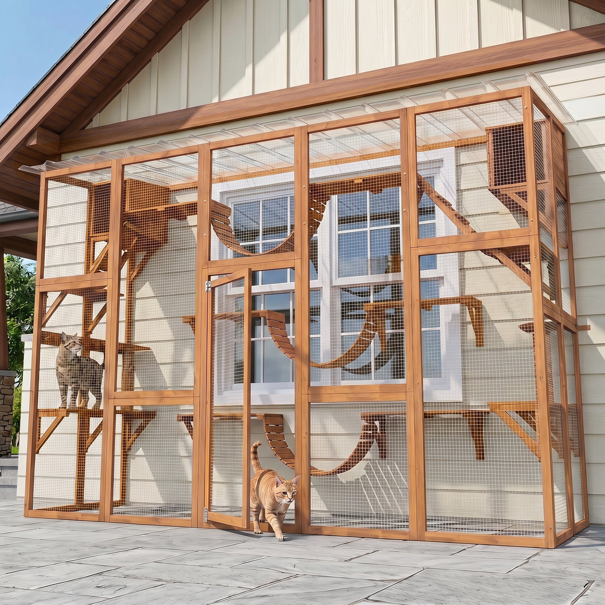 Catio Outdoor Cat Enclosure Window, Outdoor Cat House with Weather Protection Roof for 1-4 Kitties, Wooden Frame, Shelves & Bridges, 118" x 37.5" x 74", Orange