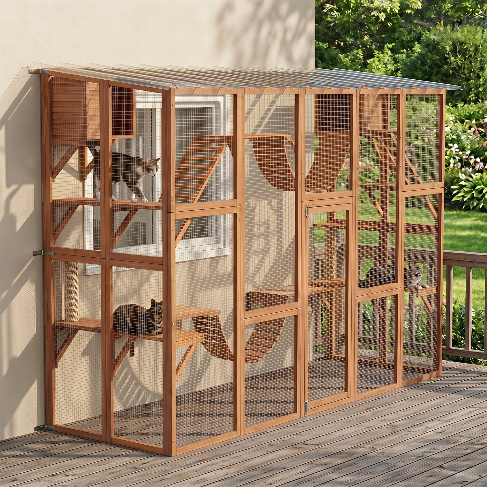 Catio Outdoor Cat Enclosure Window, Outdoor Cat House with Weather Protection Roof for 1-4 Kitties, Wooden Frame, Shelves & Bridges, 118" x 37.5" x 74", Orange