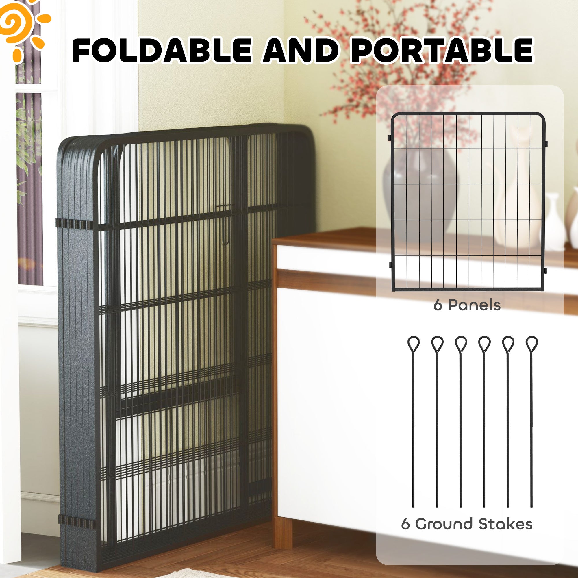 Dog Pen, 6 Panel Puppy Pen, Steel Dog Playpen, for Medium Breeds, 80cm Tall, Black