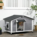 Load image into Gallery viewer, Wooden Dog Kennel Outdoor, Elevated Dog House for Outside, with Openable Top, Asphalt Roof, Windows, Curtain, Removable Tray, Adjustable Legs, 72H x 109L x 79Wcm, Grey
