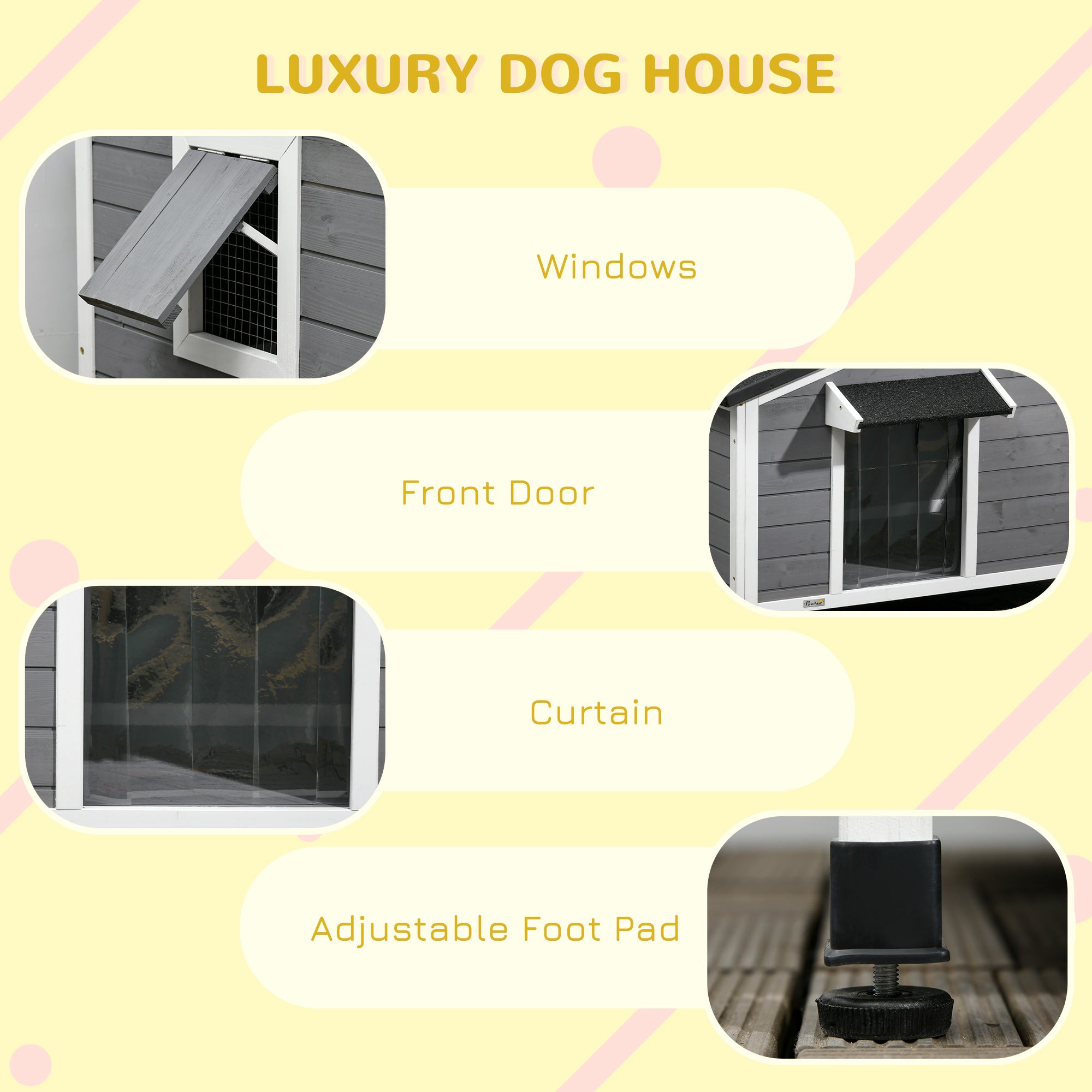 Wooden Dog Kennel Outdoor, Elevated Dog House for Outside, with Openable Top, Asphalt Roof, Windows, Curtain, Removable Tray, Adjustable Legs, 72H x 109L x 79Wcm, Grey