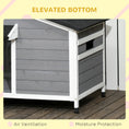 Load image into Gallery viewer, Wooden Dog Kennel Outdoor, Elevated Dog House for Outside, with Openable Top, Asphalt Roof, Windows, Curtain, Removable Tray, Adjustable Legs, 72H x 109L x 79Wcm, Grey
