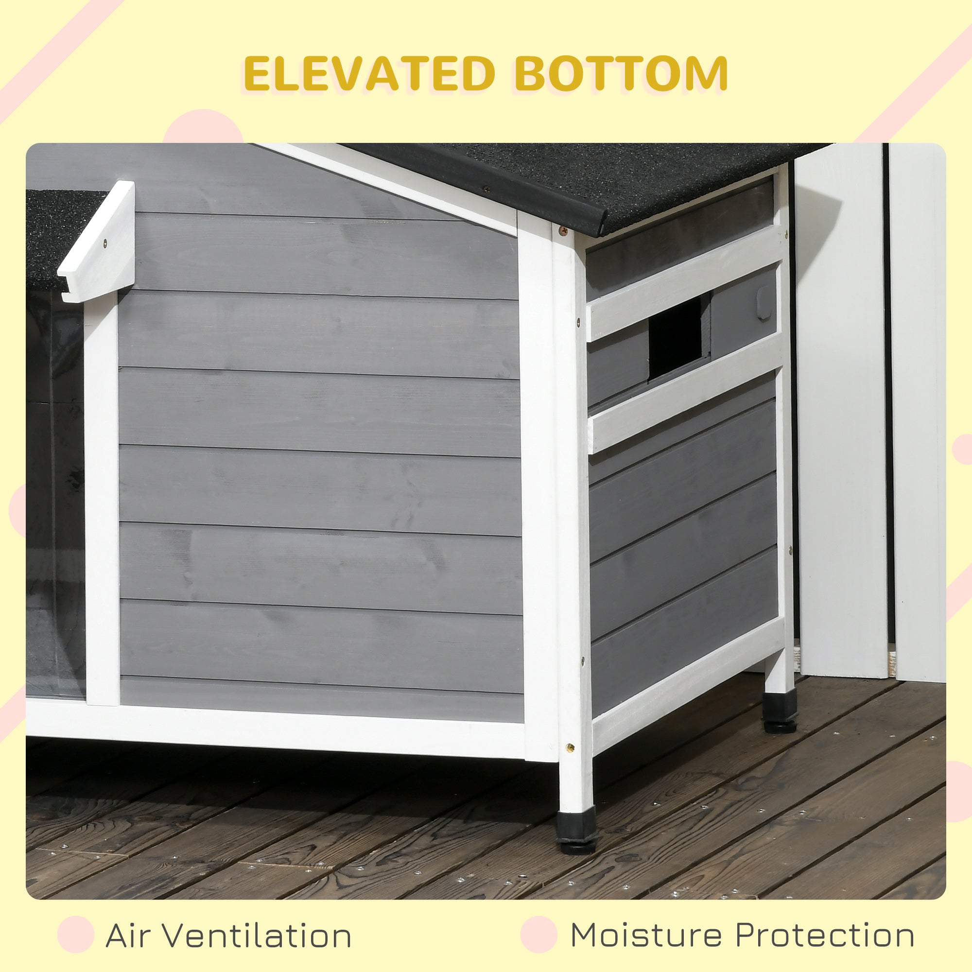 Wooden Dog Kennel Outdoor, Elevated Dog House for Outside, with Openable Top, Asphalt Roof, Windows, Curtain, Removable Tray, Adjustable Legs, 72H x 109L x 79Wcm, Grey