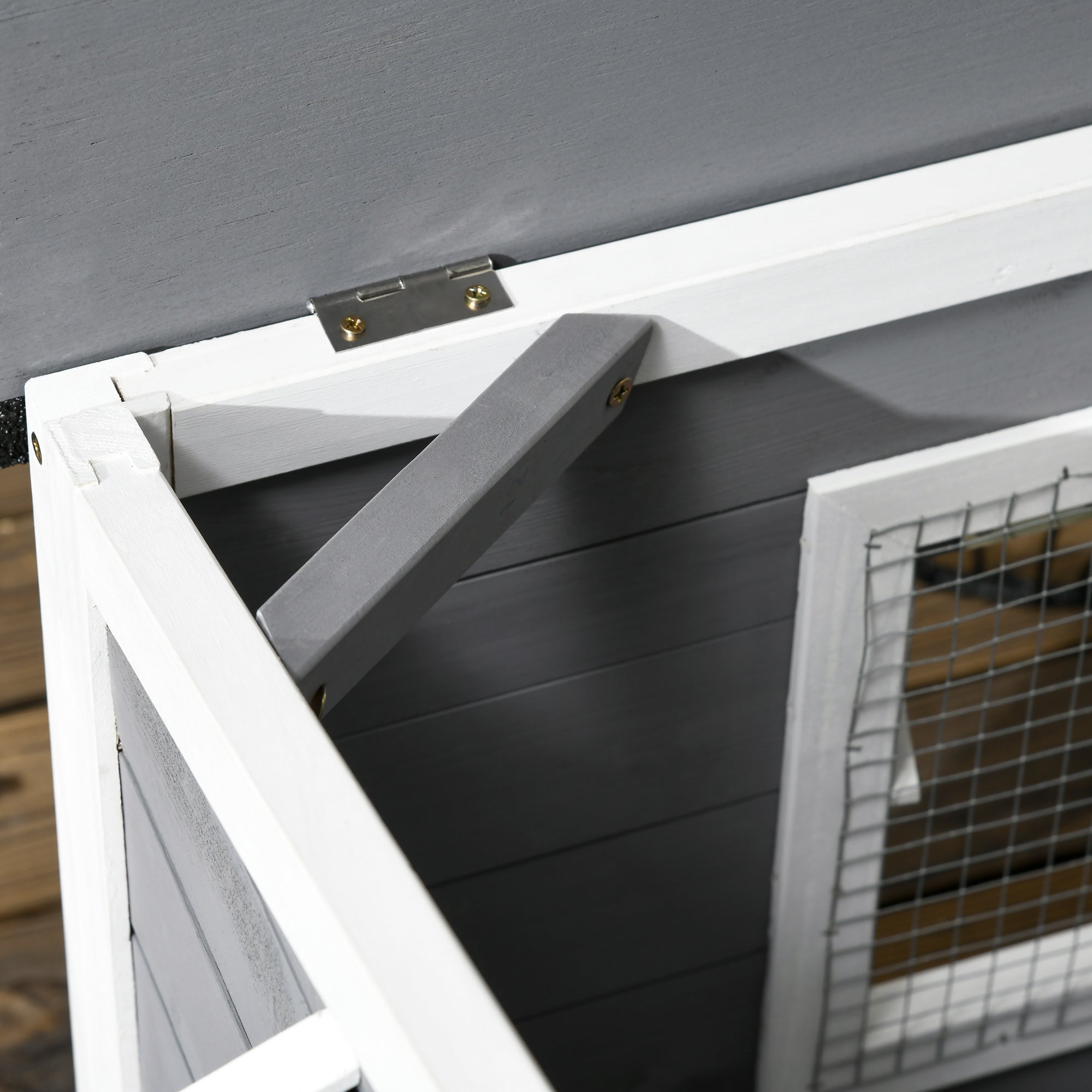 Wooden Dog Kennel Outdoor, Elevated Dog House for Outside, with Openable Top, Asphalt Roof, Windows, Curtain, Removable Tray, Adjustable Legs, 72H x 109L x 79Wcm, Grey