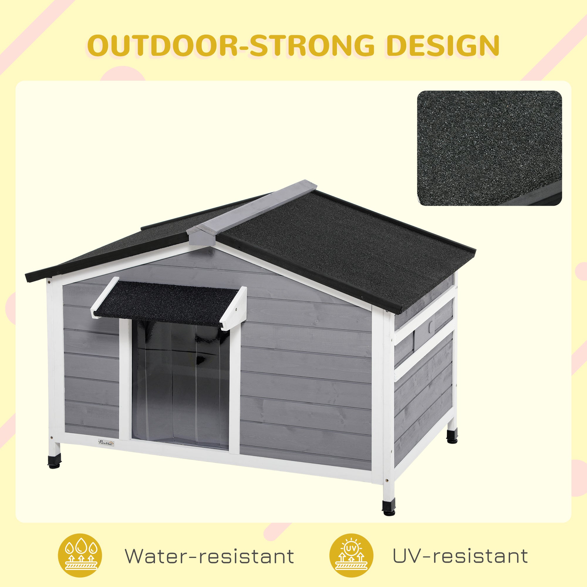 Wooden Dog Kennel Outdoor, Elevated Dog House for Outside, with Openable Top, Asphalt Roof, Windows, Curtain, Removable Tray, Adjustable Legs, 72H x 109L x 79Wcm, Grey