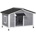 Load image into Gallery viewer, Wooden Dog Kennel Outdoor, Elevated Dog House for Outside, with Openable Top, Asphalt Roof, Windows, Curtain, Removable Tray, Adjustable Legs, 72H x 109L x 79Wcm, Grey

