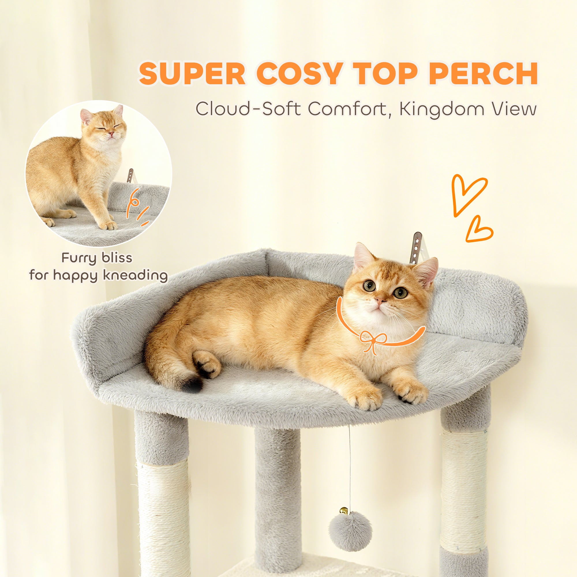 Cat Tree, 67" Large Cat Tower for Indoor Kittens Multi-Level with 7 Scratching Posts, Tunnel, 2 Plush Condos, Hammock, Perch, Ramp, Pompoms, Light Grey
