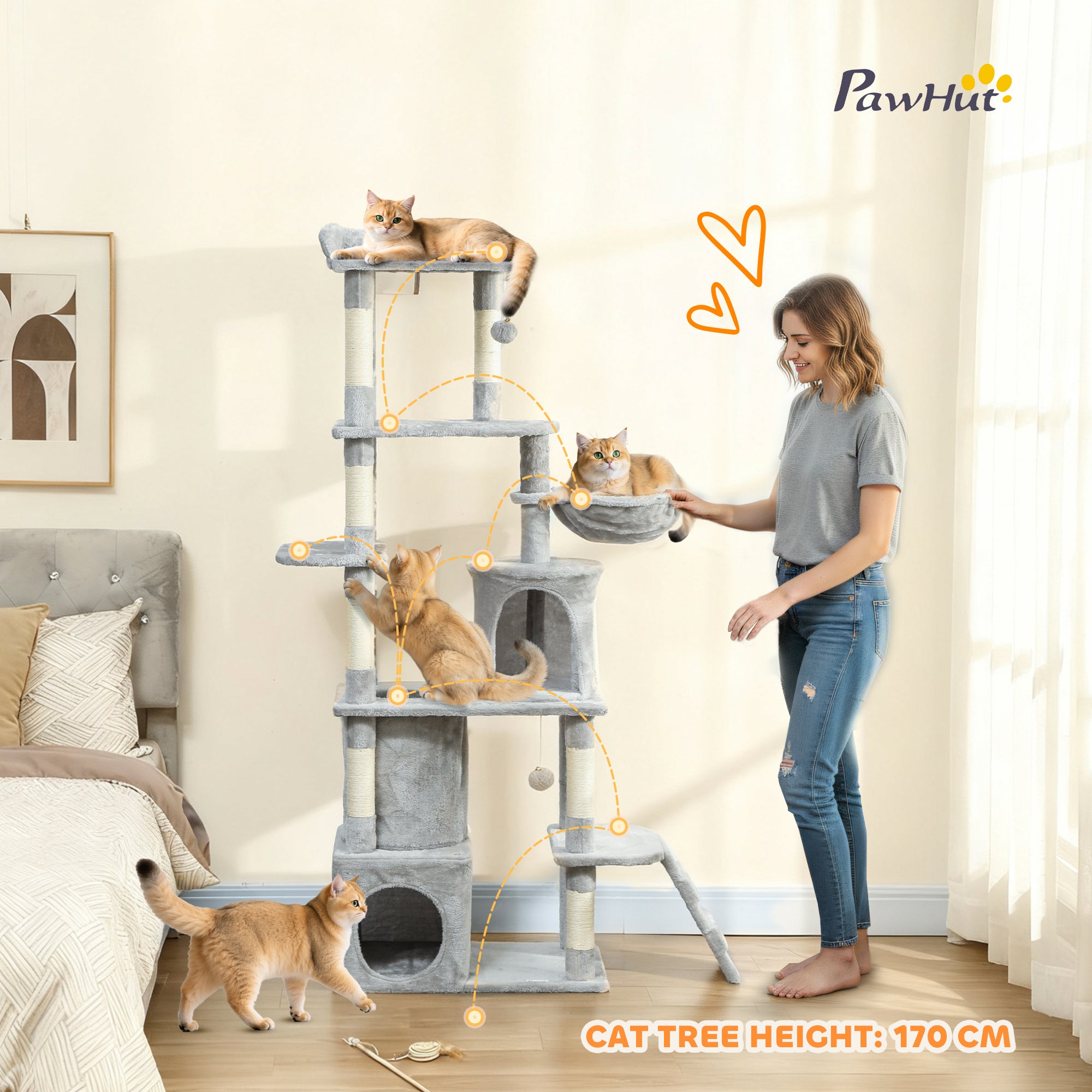Cat Tree, 67" Large Cat Tower for Indoor Kittens Multi-Level with 7 Scratching Posts, Tunnel, 2 Plush Condos, Hammock, Perch, Ramp, Pompoms, Light Grey