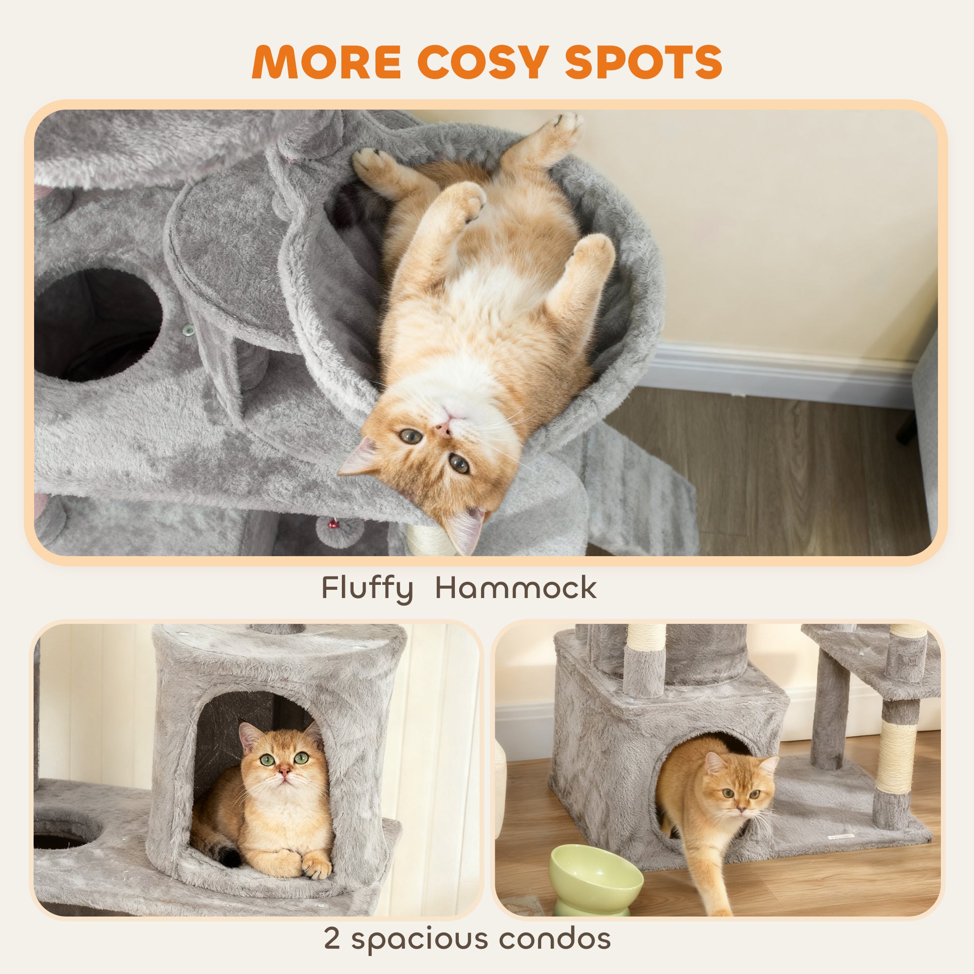 Cat Tree, 67" Large Cat Tower for Indoor Kittens Multi-Level with 7 Scratching Posts, Tunnel, 2 Plush Condos, Hammock, Perch, Ramp, Pompoms, Light Grey