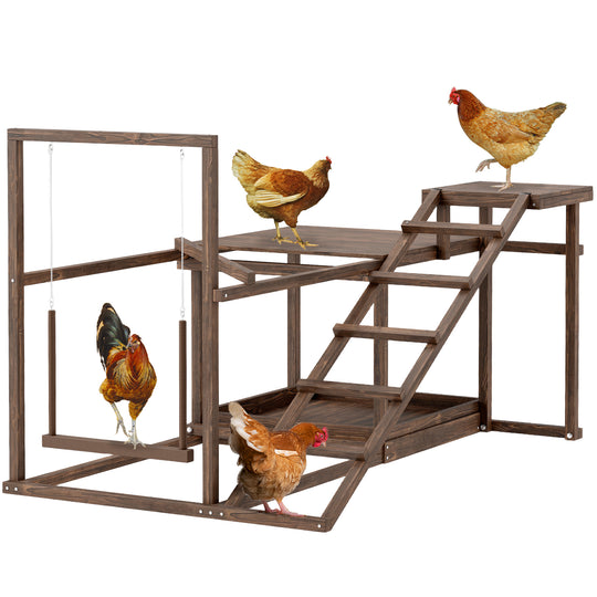 PawHut Wooden Chicken Activity Play Set, Chicken Coop Accessory with Perch, Swing, Ladder, Platforms, Feeder Storage for 4-6 Chickens, Coffee