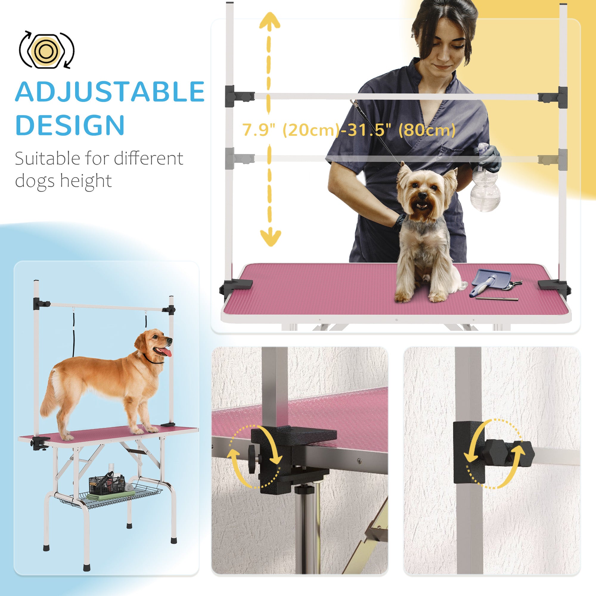 43"L Dog Grooming Table, Pet Foldable Grooming Table with 8"- 32" Adjustable Arm, Two Nooses, Mesh Tray and Rubber Top for Large Medium Small Pets, Pink