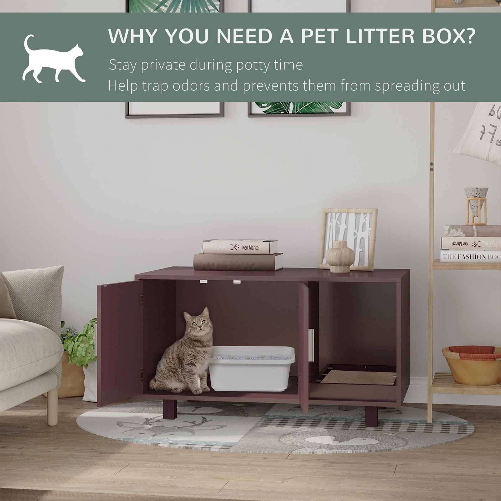 Cat Litter Box Enclosure, Hidden Litter Box Furniture, Cat House End Table Washroom with Scratching Pad, for Indoor Cats Kittens, Brown