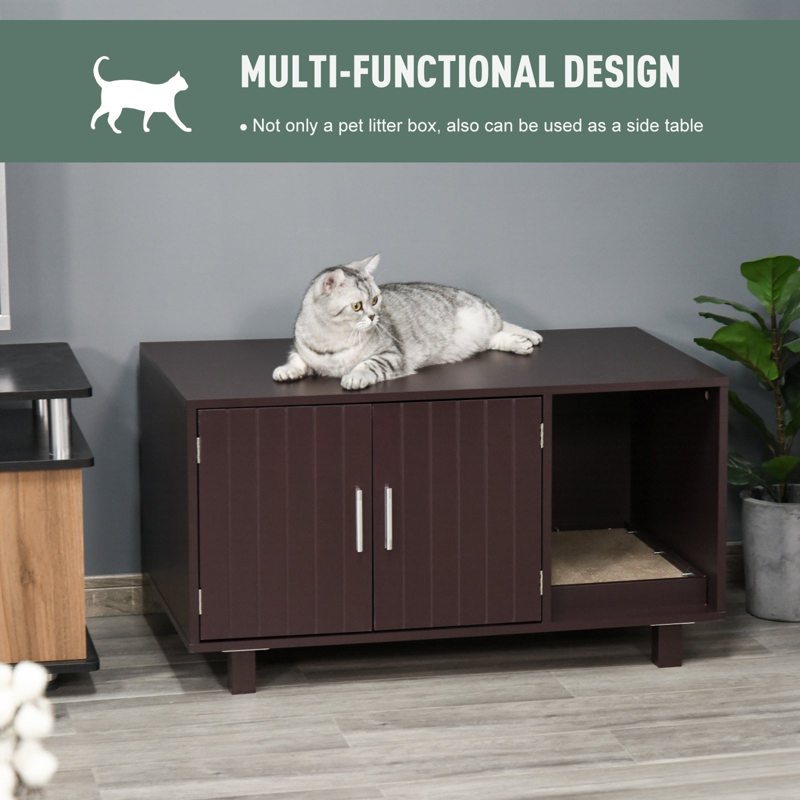 Cat Litter Box Enclosure, Hidden Litter Box Furniture, Cat House End Table Washroom with Scratching Pad, for Indoor Cats Kittens, Brown