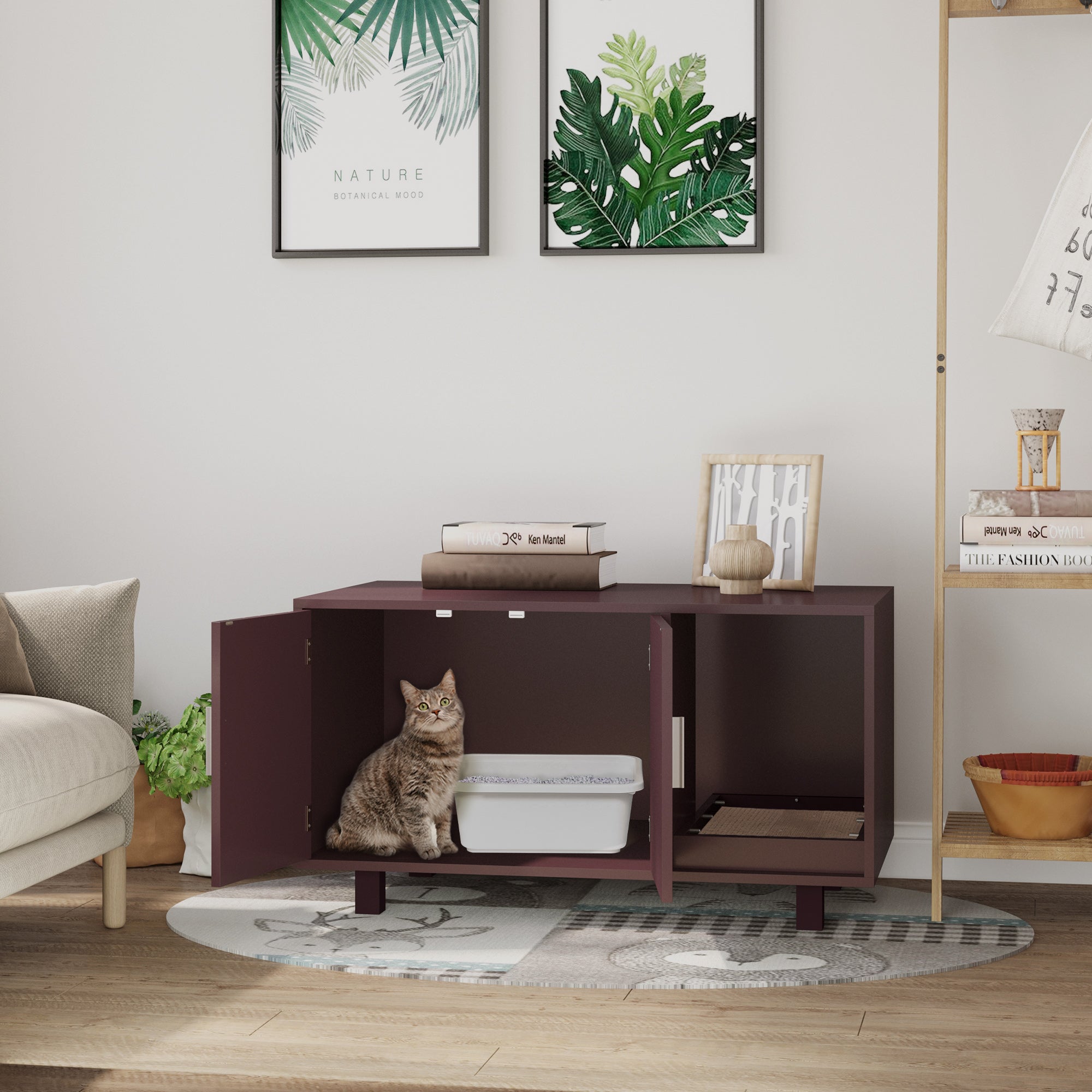 Cat Litter Box Enclosure, Hidden Litter Box Furniture, Cat House End Table Washroom with Scratching Pad, for Indoor Cats Kittens, Brown