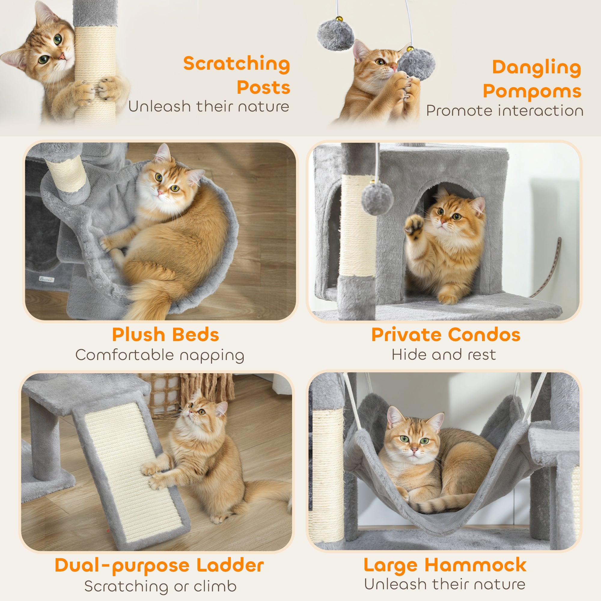 Cat Tree, 76 Inches Large Multi-Level Cat Tower for Indoor Kittens with 8 Scratching Posts, 3 Plush Beds, 2 Hammocks, 2 Large Condos, Ramp, Pompoms, Light Grey