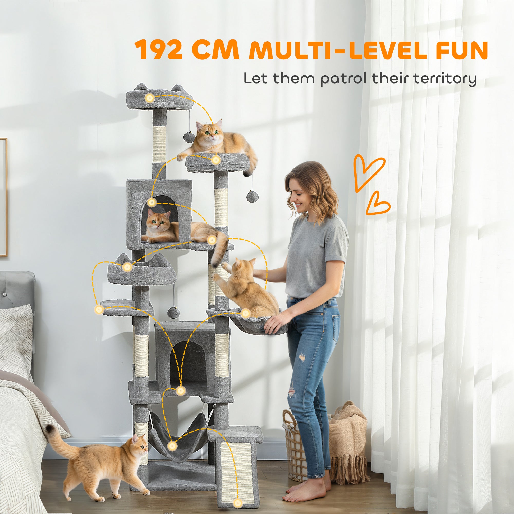 Cat Tree, 76 Inches Large Multi-Level Cat Tower for Indoor Kittens with 8 Scratching Posts, 3 Plush Beds, 2 Hammocks, 2 Large Condos, Ramp, Pompoms, Light Grey