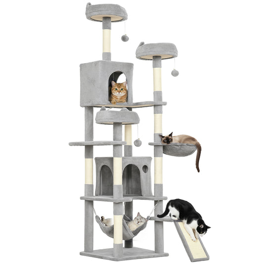 Cat Tree, 76 Inches Large Multi-Level Cat Tower for Indoor Kittens with 8 Scratching Posts, 3 Plush Beds, 2 Hammocks, 2 Large Condos, Ramp, Pompoms, Light Grey