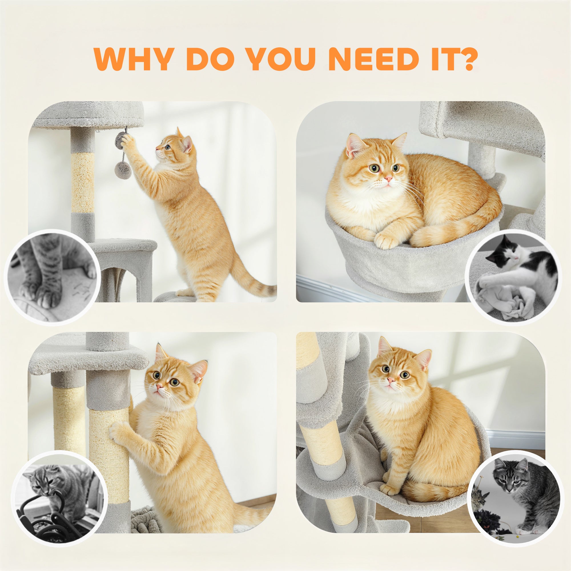 Cat Tree, 76 Inches Large Multi-Level Cat Tower for Indoor Kittens with 8 Scratching Posts, 3 Plush Beds, 2 Hammocks, 2 Large Condos, Ramp, Pompoms, Light Grey