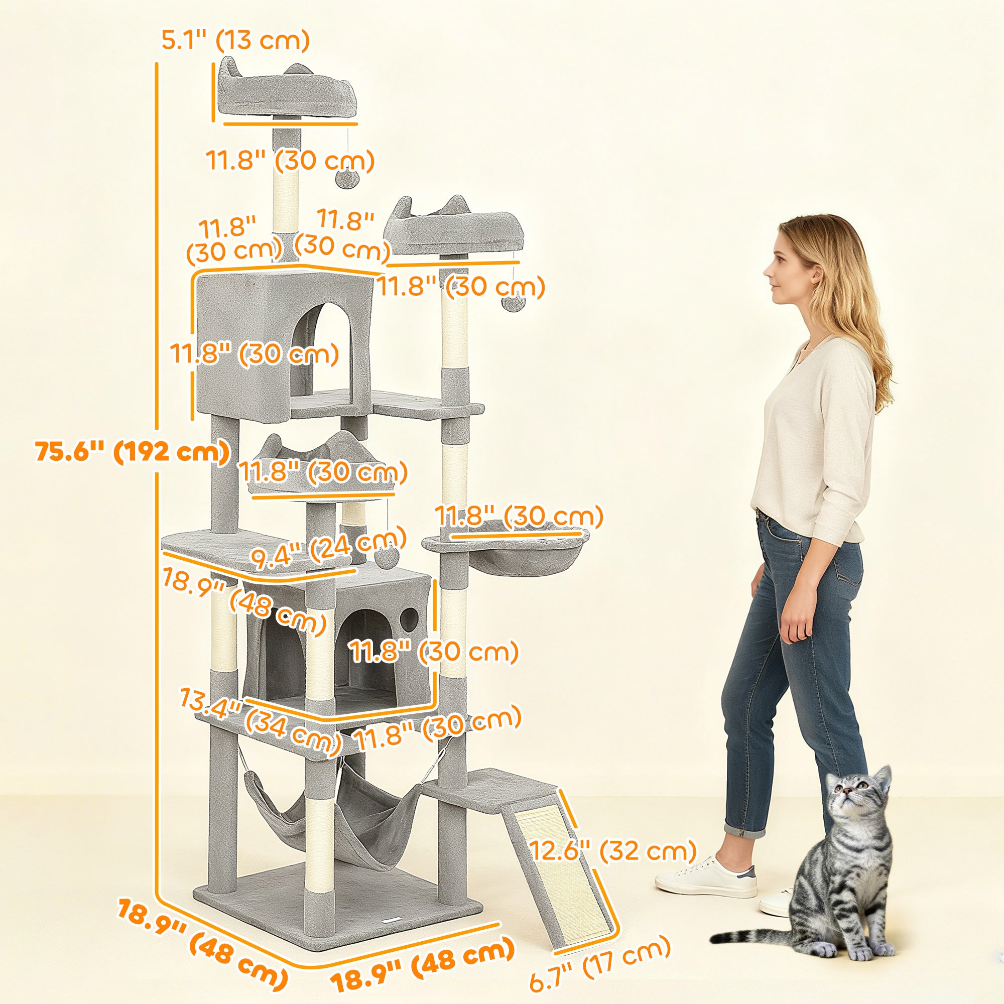 Cat Tree, 76 Inches Large Multi-Level Cat Tower for Indoor Kittens with 8 Scratching Posts, 3 Plush Beds, 2 Hammocks, 2 Large Condos, Ramp, Pompoms, Light Grey