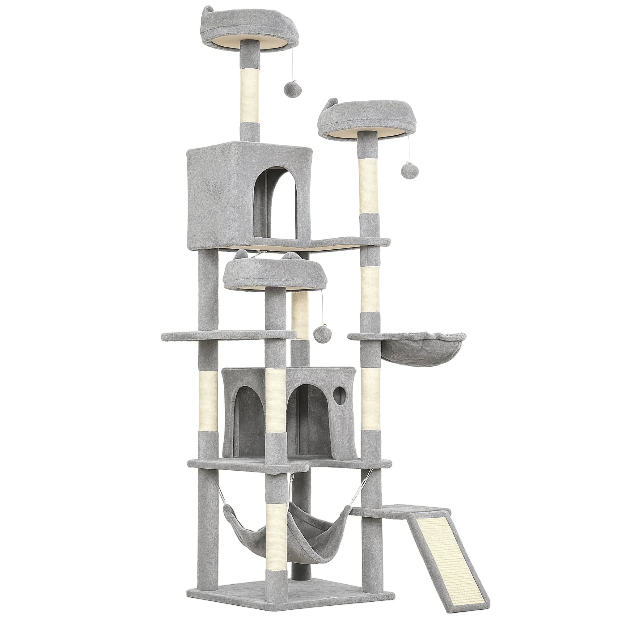 Cat Tree, 76 Inches Large Multi-Level Cat Tower for Indoor Kittens with 8 Scratching Posts, 3 Plush Beds, 2 Hammocks, 2 Large Condos, Ramp, Pompoms, Light Grey
