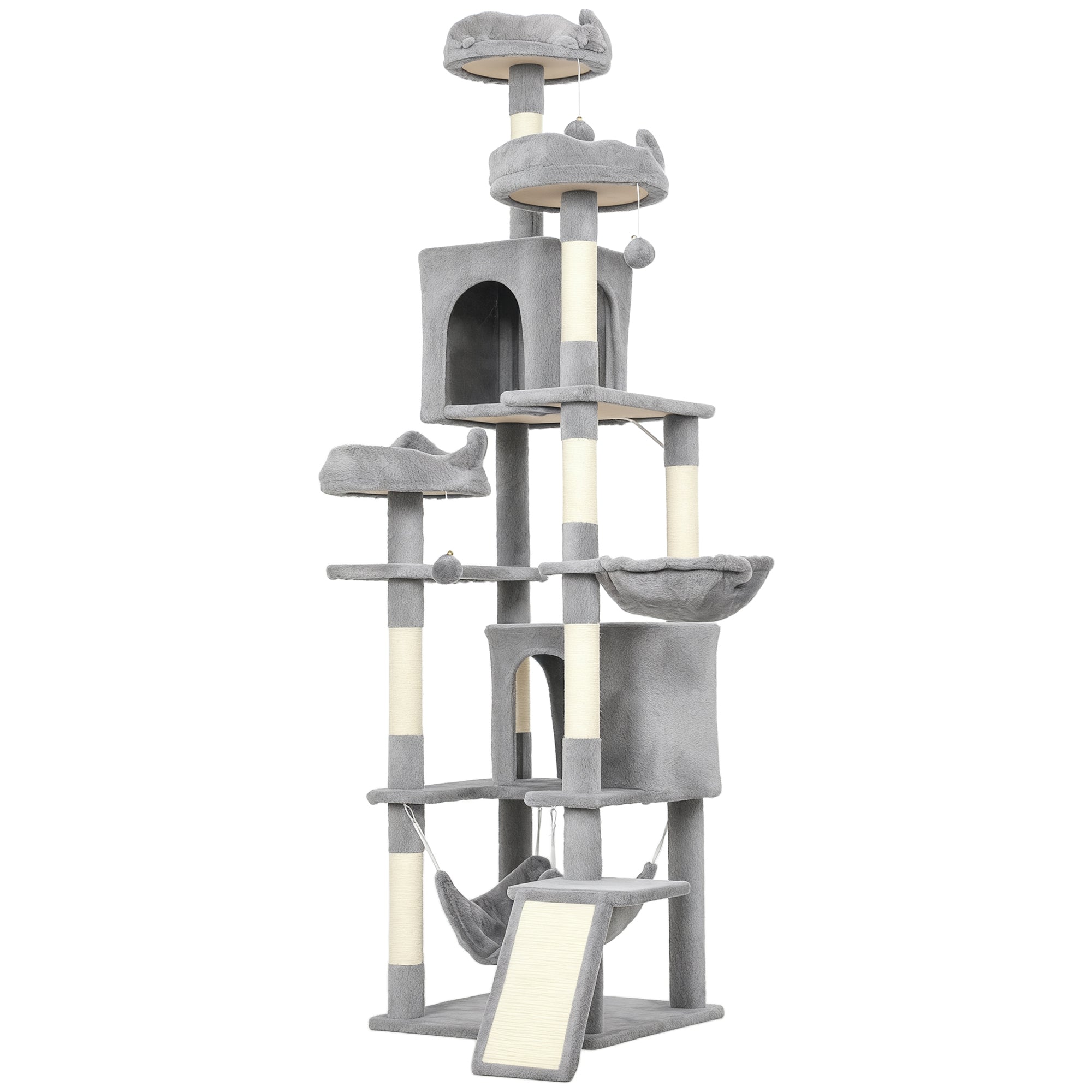 Cat Tree, 76 Inches Large Multi-Level Cat Tower for Indoor Kittens with 8 Scratching Posts, 3 Plush Beds, 2 Hammocks, 2 Large Condos, Ramp, Pompoms, Light Grey