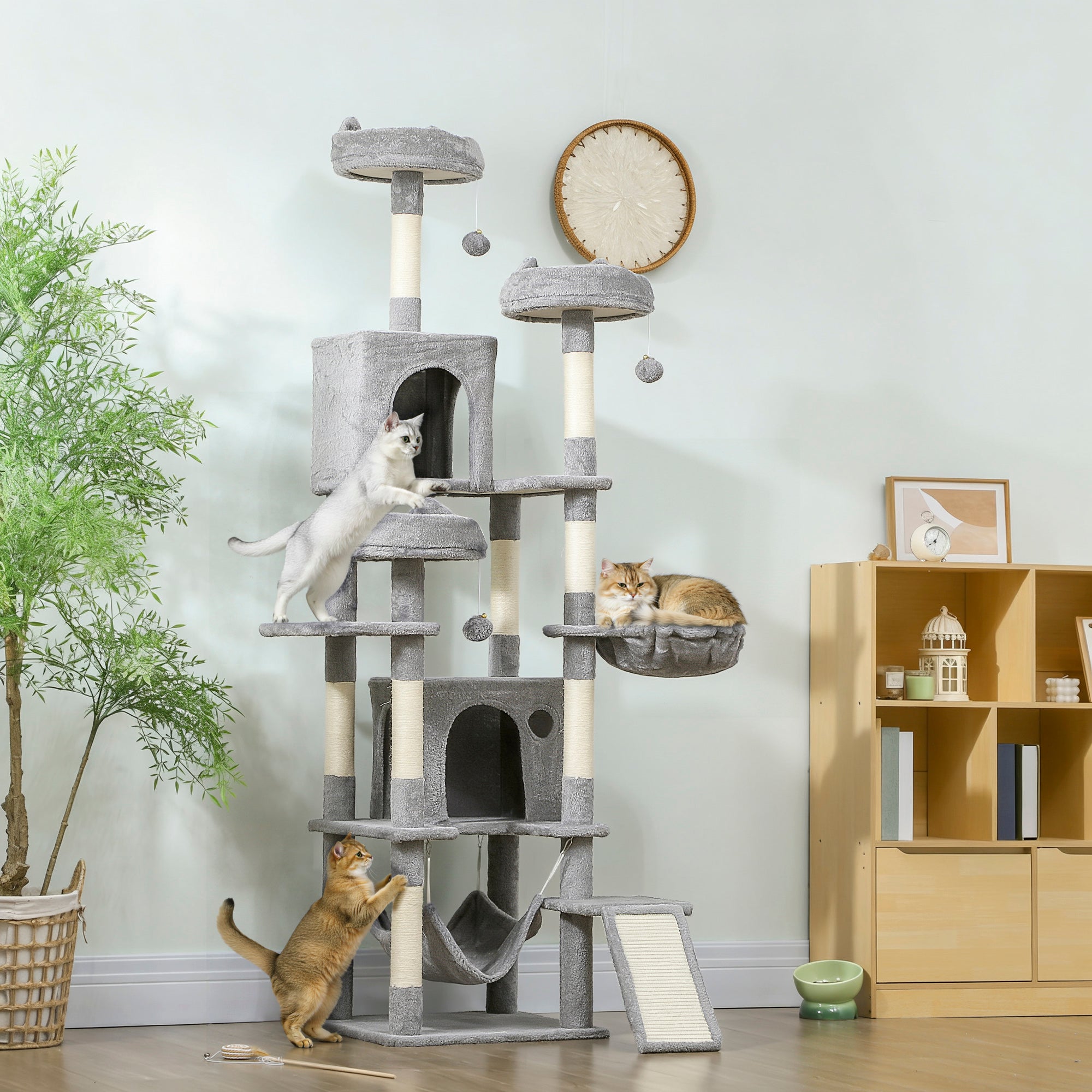 Cat Tree, 76 Inches Large Multi-Level Cat Tower for Indoor Kittens with 8 Scratching Posts, 3 Plush Beds, 2 Hammocks, 2 Large Condos, Ramp, Pompoms, Light Grey