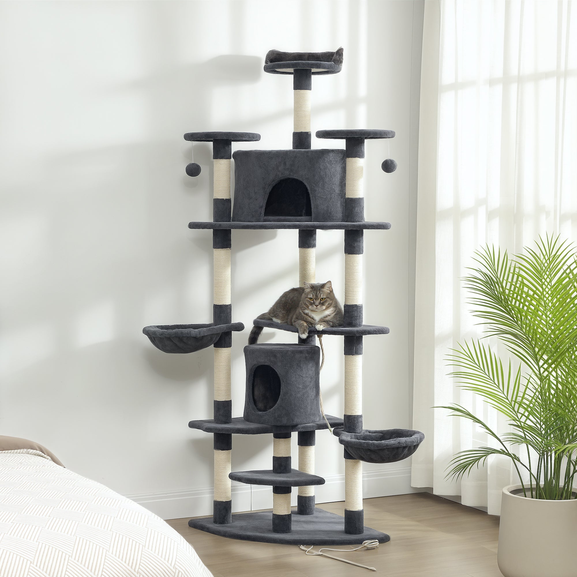 79" Cat Tree Tower, Large Cat Condo Furniture, Multi-Level Cat Tower with Scratching Posts, Cozy Hammock, Dangling Balls - Dark Grey