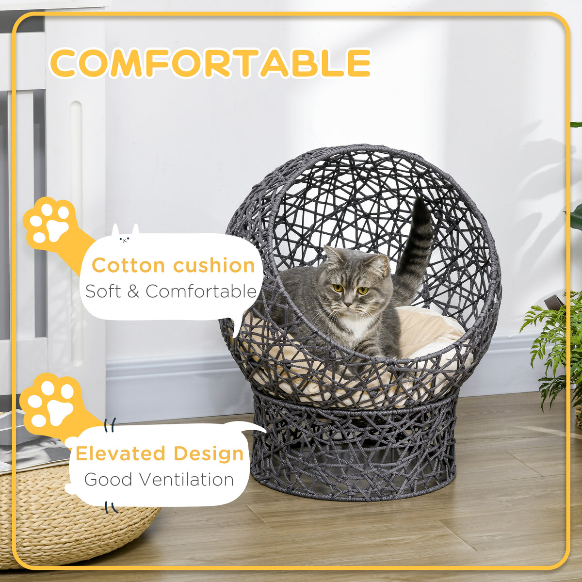 Cat Bed, Elevated Rope Weave Cat Egg Chair with Cushion, Handwoven Kitty House with Stand for Indoor Kittens, Violet