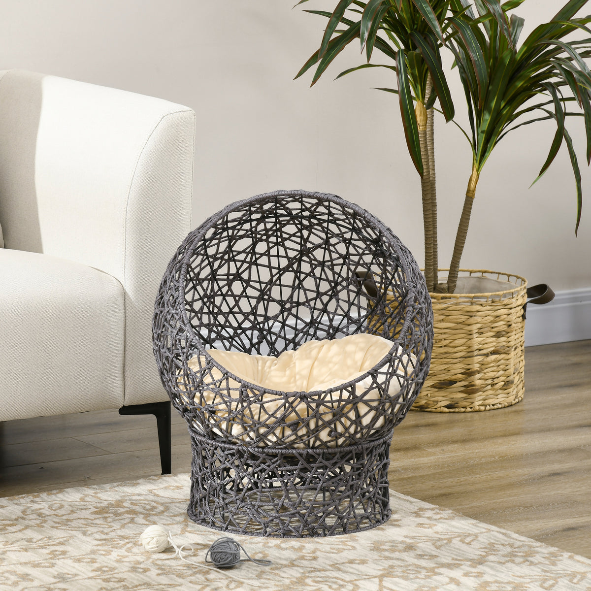 Cat Bed, Elevated Rope Weave Cat Egg Chair with Cushion, Handwoven Kitty House with Stand for Indoor Kittens, Violet