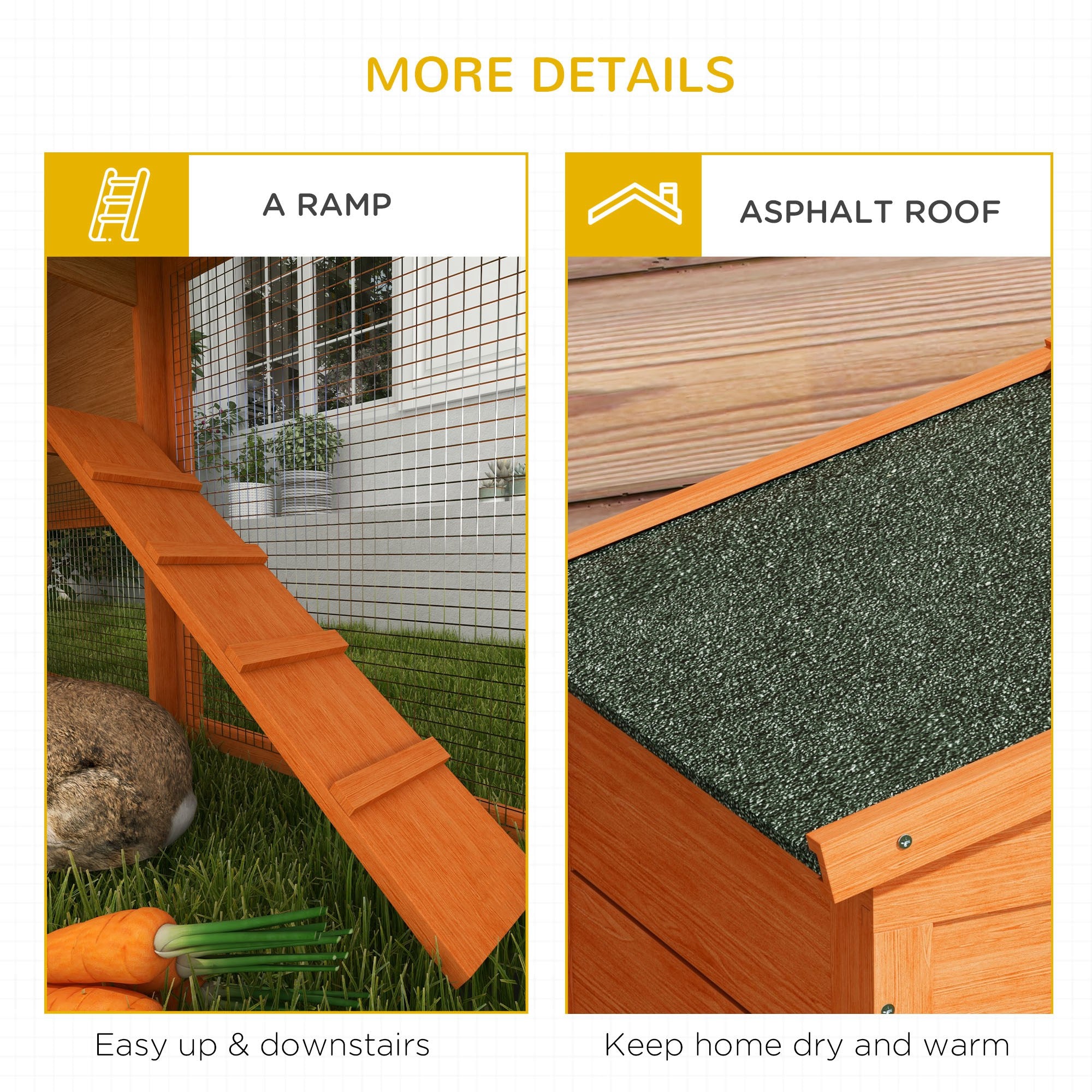 Two-Level Rabbit Hutch Small Animal House Pet Bunny Cage Home w/ Outdoor Run Water & UV Resistant Roof Access Ramp Natural Finish Guinea Pig Bunny Hamster Habitat, Orange