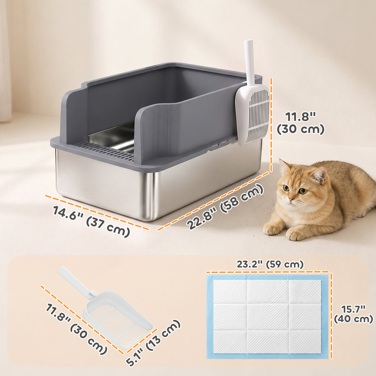 22.8"x14.6"x11.8" Stainless Steel Sifting Litter Box, Sifting Stainless Steel Litter Box for Pine Pellets, High Sided, Anti-Leakage, Less Tracking, Includes Scoop & 10 Pads