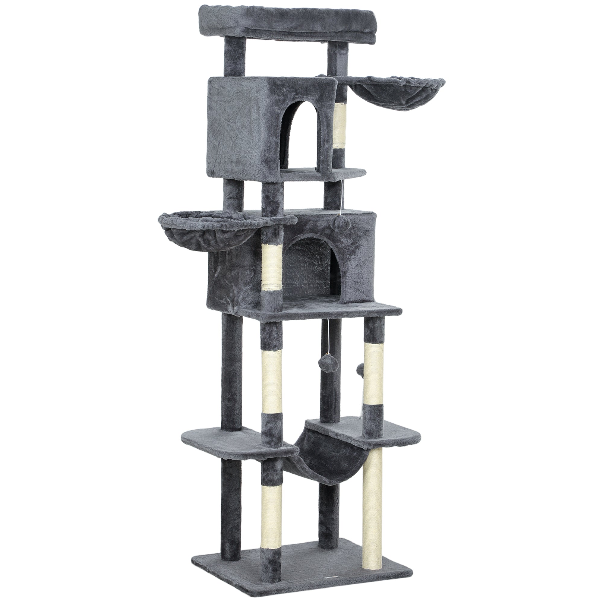 Cat Tree, 69" Cat Tower for Indoor Kittens, Multi-Level Tower with 2 Condos, Scratching Posts, 2 Hammocks, Perches, Pompoms for Multiple Kitties, Dark Grey
