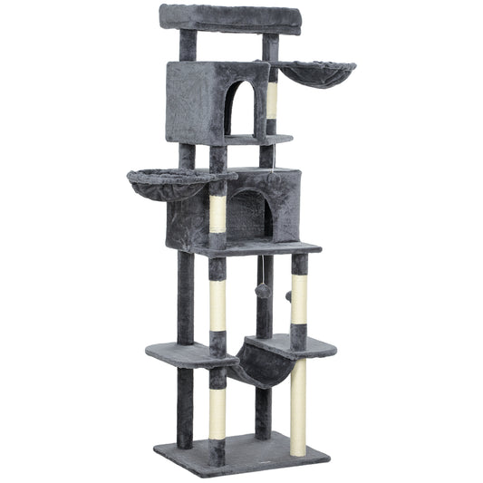 Cat Tree, 69" Cat Tower for Indoor Kittens, Multi-Level Tower with 2 Condos, Scratching Posts, 2 Hammocks, Perches, Pompoms for Multiple Kitties, Dark Grey