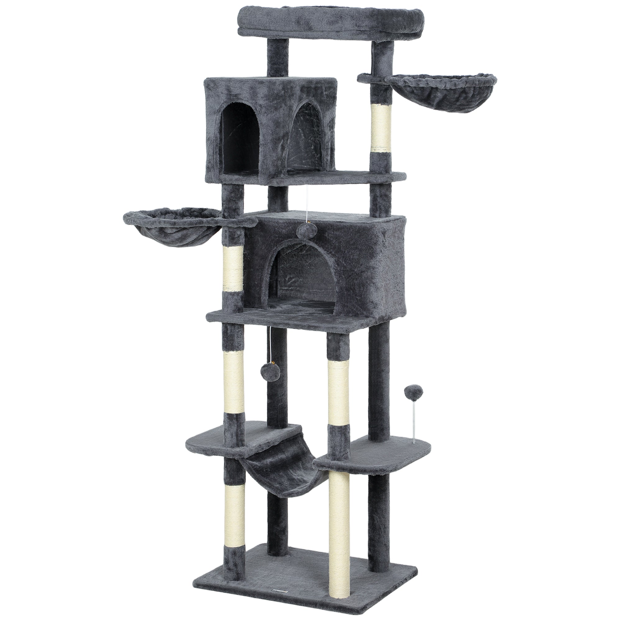 Cat Tree, 69" Cat Tower for Indoor Kittens, Multi-Level Tower with 2 Condos, Scratching Posts, 2 Hammocks, Perches, Pompoms for Multiple Kitties, Dark Grey