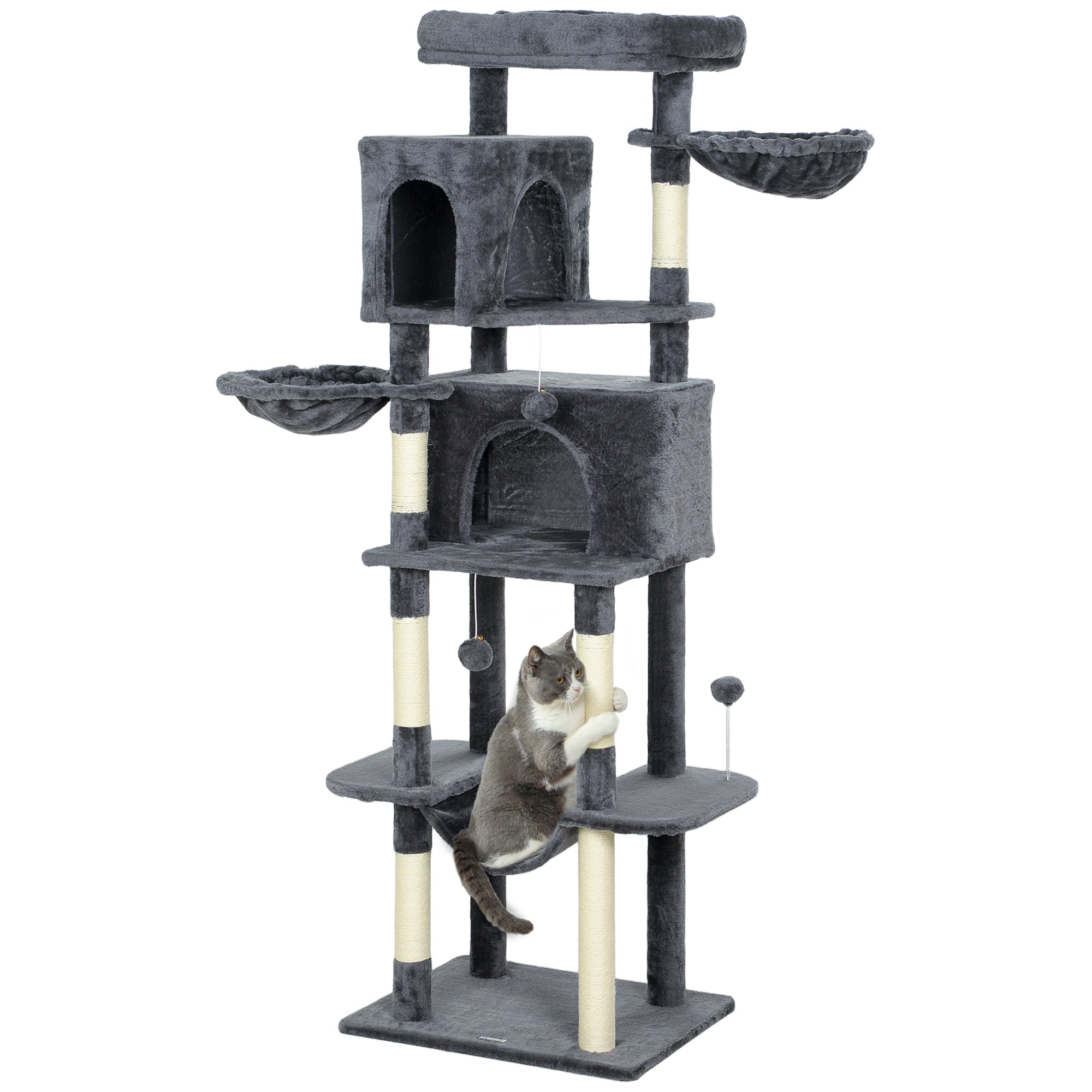 Cat Tree, 69" Cat Tower for Indoor Kittens, Multi-Level Tower with 2 Condos, Scratching Posts, 2 Hammocks, Perches, Pompoms for Multiple Kitties, Dark Grey