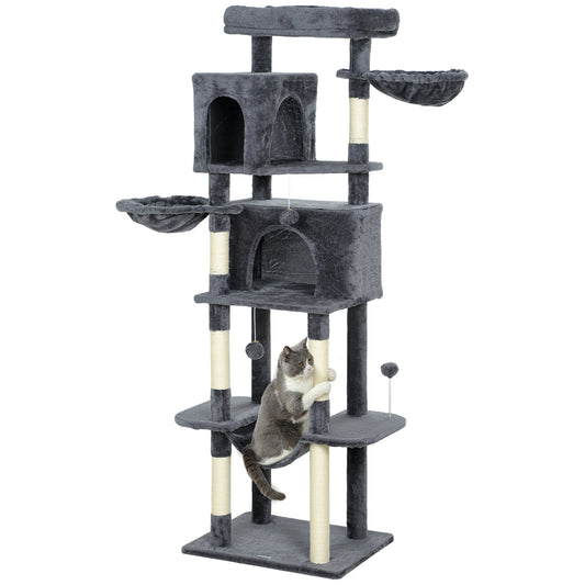 Cat Tree, 69" Cat Tower for Indoor Kittens, Multi-Level Tower with 2 Condos, Scratching Posts, 2 Hammocks, Perches, Pompoms for Multiple Kitties, Dark Grey