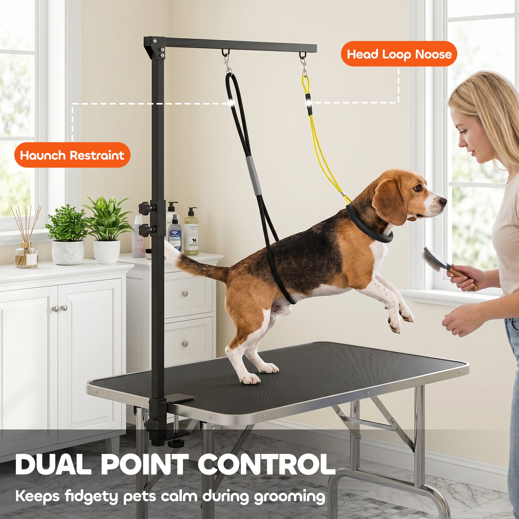 Dog Grooming Arm with Clamp, Adjustable Foldable Dog Grooming with 2 Loop Noose for Small and Medium Breeds, 18.9" -32.3", Black