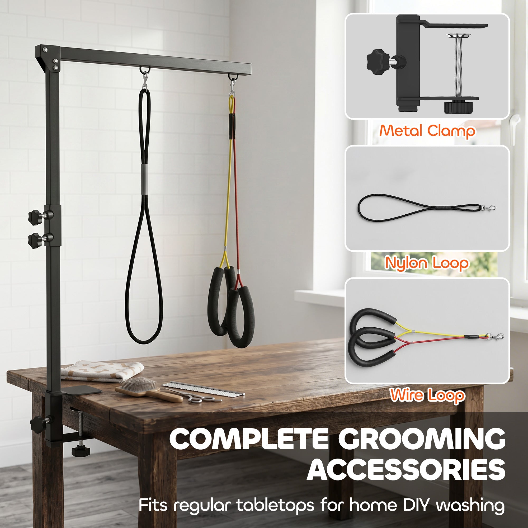 Dog Grooming Arm with Clamp, Adjustable Foldable Dog Grooming with 2 Loop Noose for Small and Medium Breeds, 18.9" -32.3", Black
