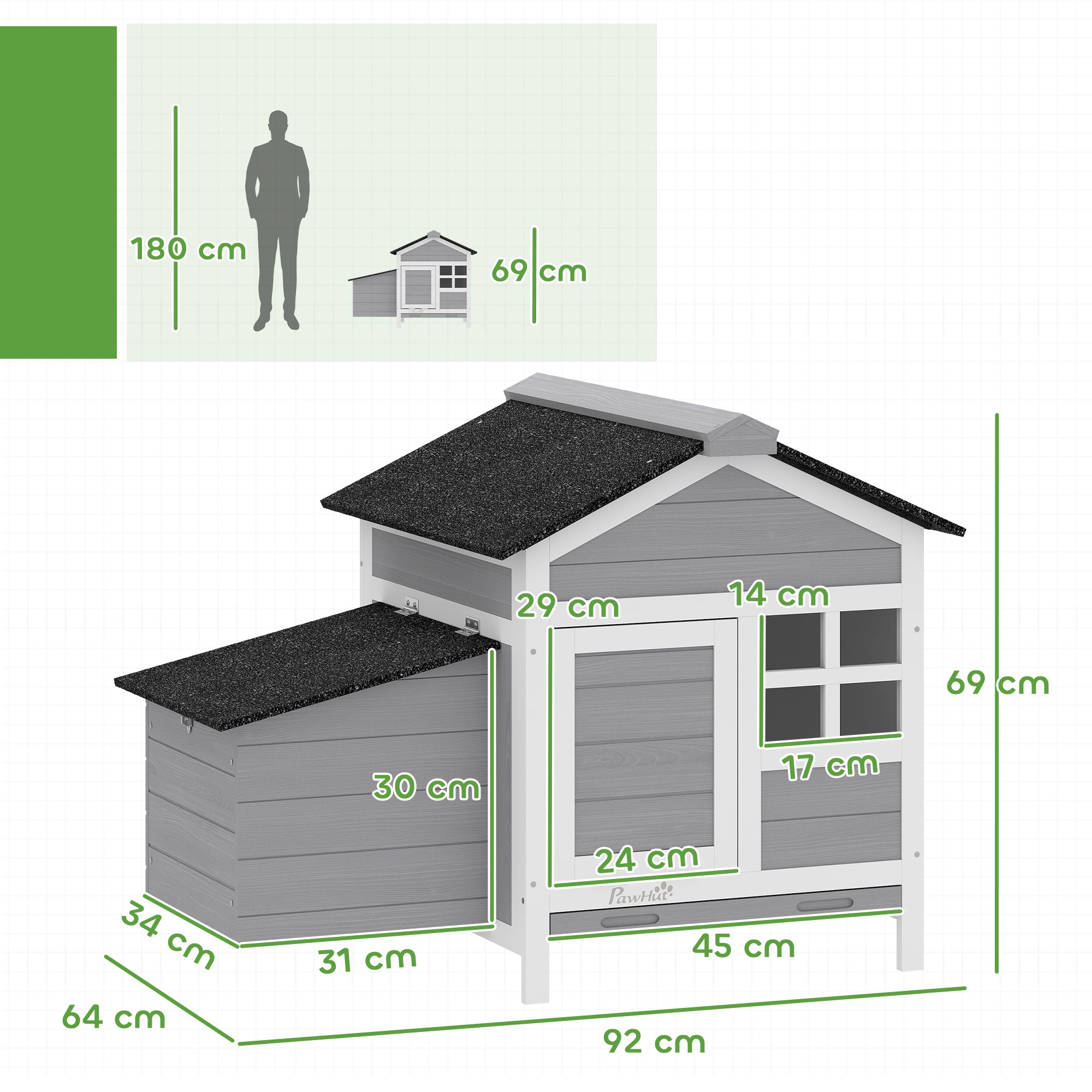 Chicken Coop, Compact Wooden Hen House with Pull-Out Metal Tray, Nesting Box, for 1-2 Chickens