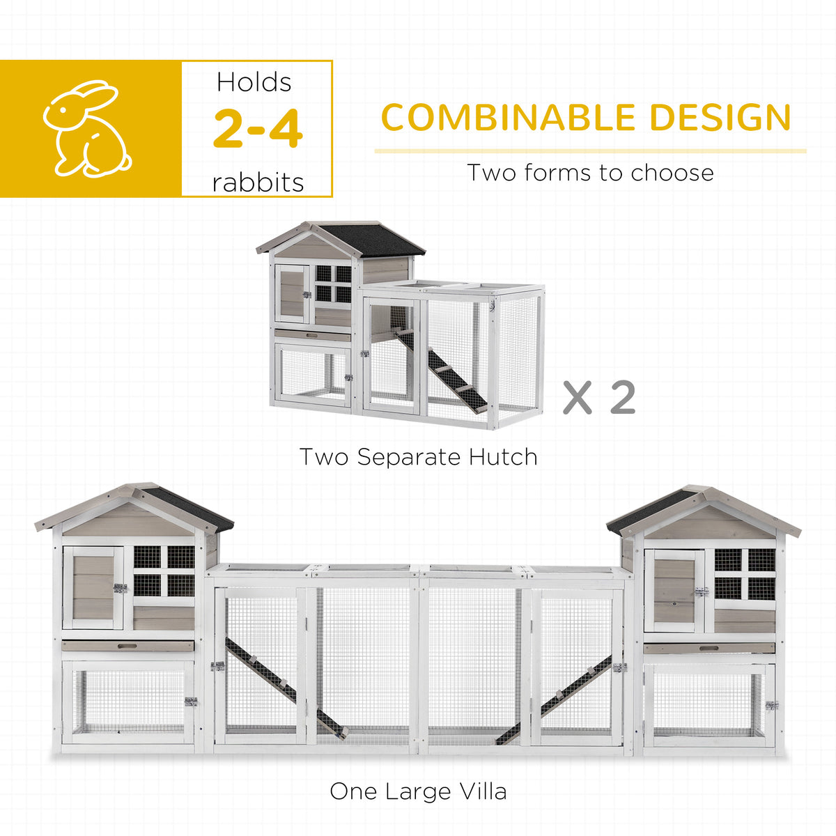 One Rabbit Hutch PawHut 2 in 1 Rabbit Hutch Double Main House with Run, No-Leak Tray ...